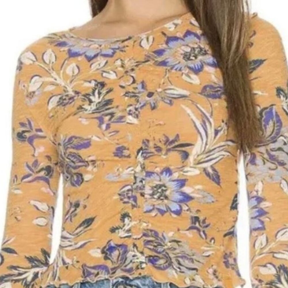 We The Free Orange & Blue Floral Print Long Sleeve Top Size Misses Small